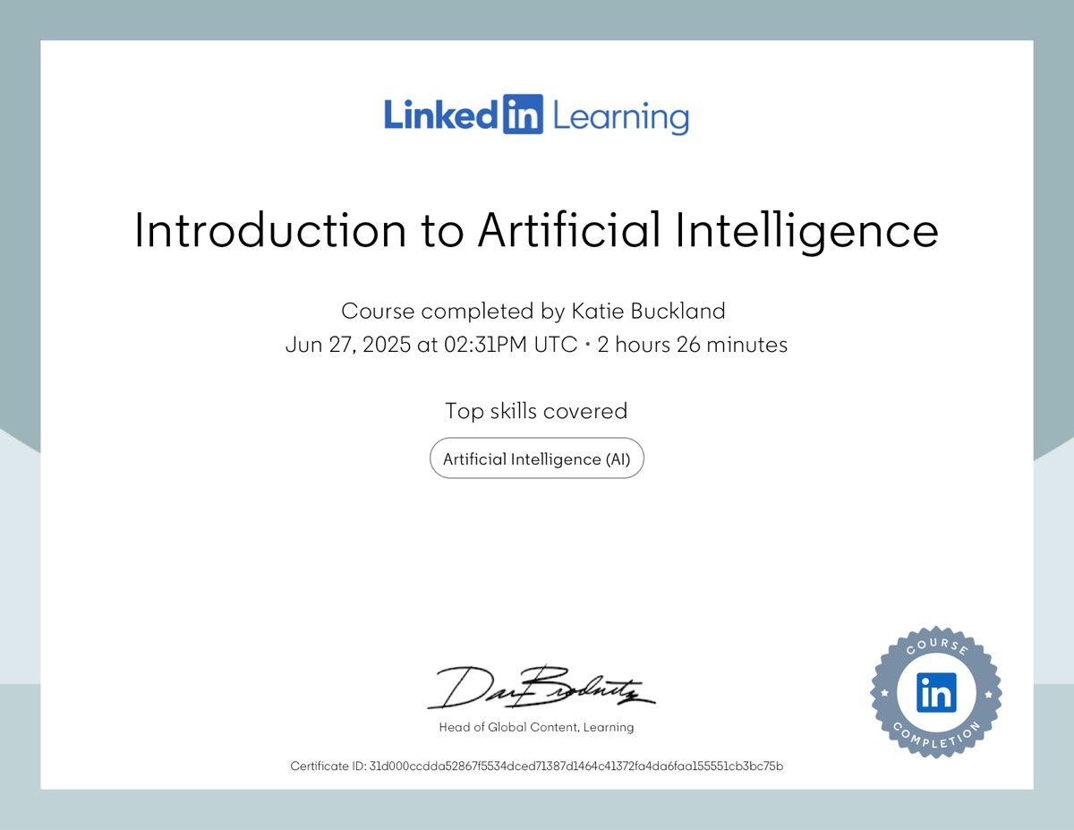 LinkedIn Learning certificate: Introduction to Artificial Intelligence