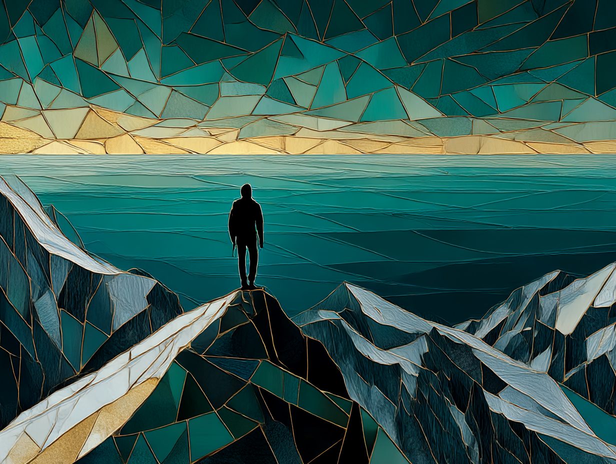 Abstract mosaic-tiled landscape in teal and gold, a figure standing at the edge of a mountain ridge looking out toward the horizon.
